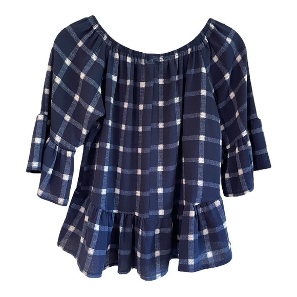 THE NECK DOWN, by CHICOS, WOMENS, BLUE PLAID TOP. PEASANT STYLE NECKLINE. SIZE S - Picture 5 of 6